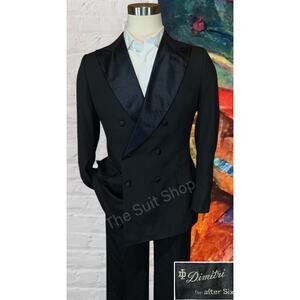 Vtg After Six Dimitri 42R 32x30 Slim Black Tuxedo Double Breasted Suit